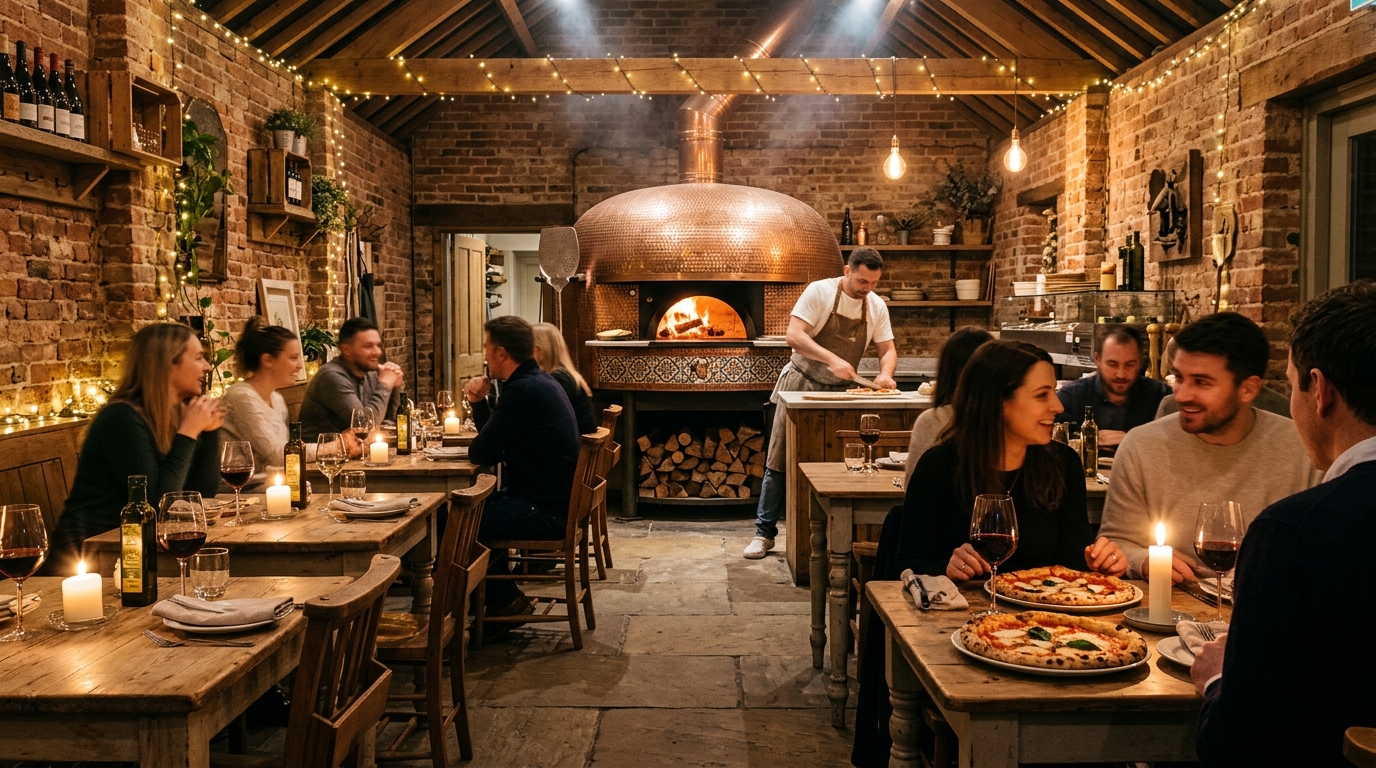 Fornace Pizzeria dining atmosphere and wood fired oven