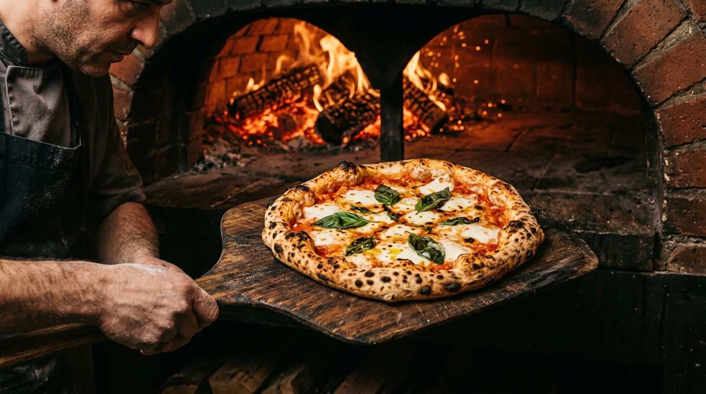 Artisan Wood Fired Brick Oven Pizza pulled fresh from oven