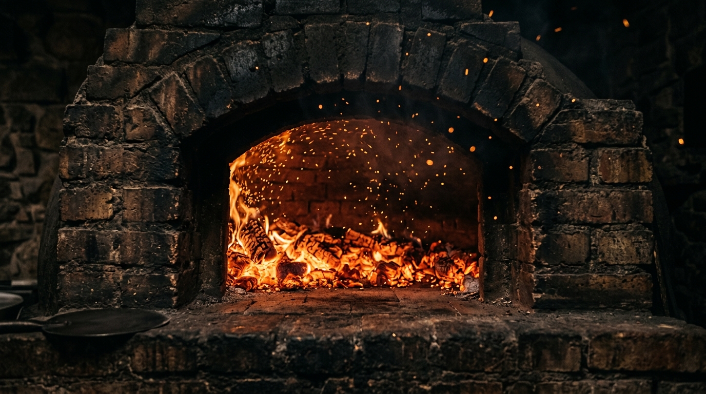 Roaring wood fired brick oven background