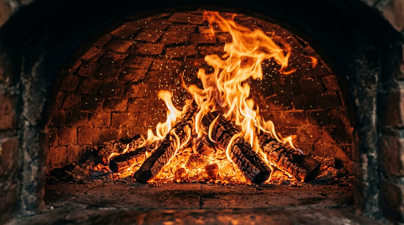 Roaring wood fired brick oven embers background